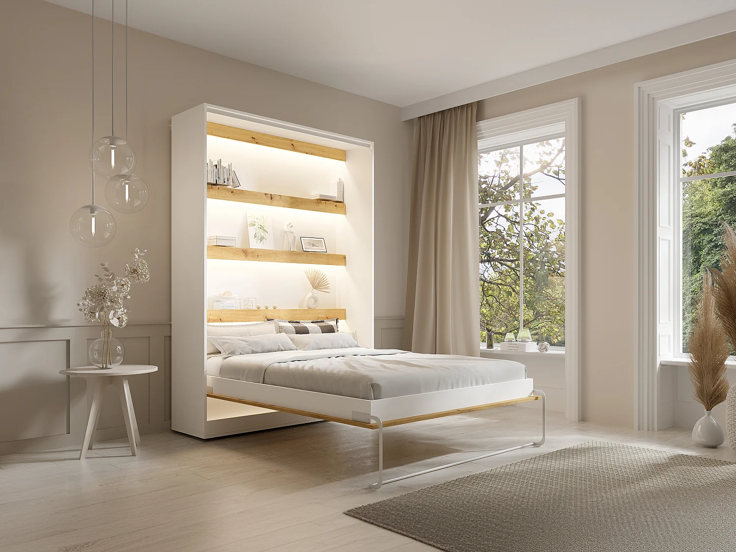 Opklapbaar bed 140 x 200 cm - Verticale handmatige opening - Met ledverlichting - Wit en naturel + matras - RAPILI