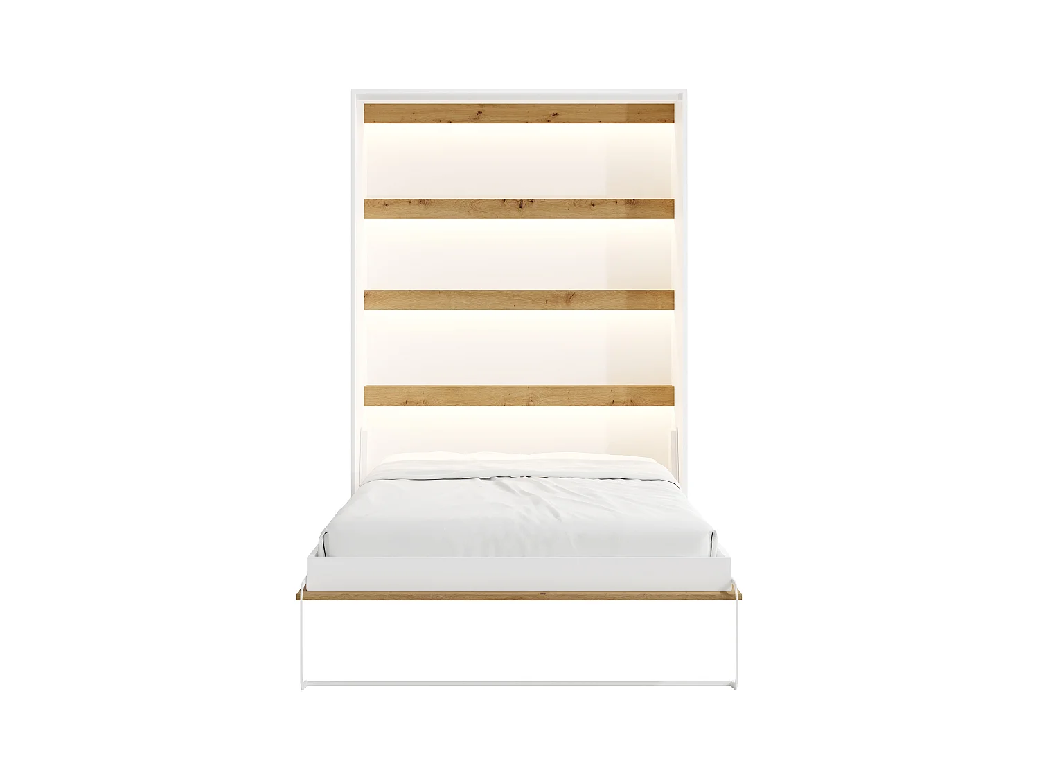 Lit escamotable 140 x 200 cm - Ouverture verticale manuelle - Avec LEDs - Blanc et naturel + Matelas - RAPILI