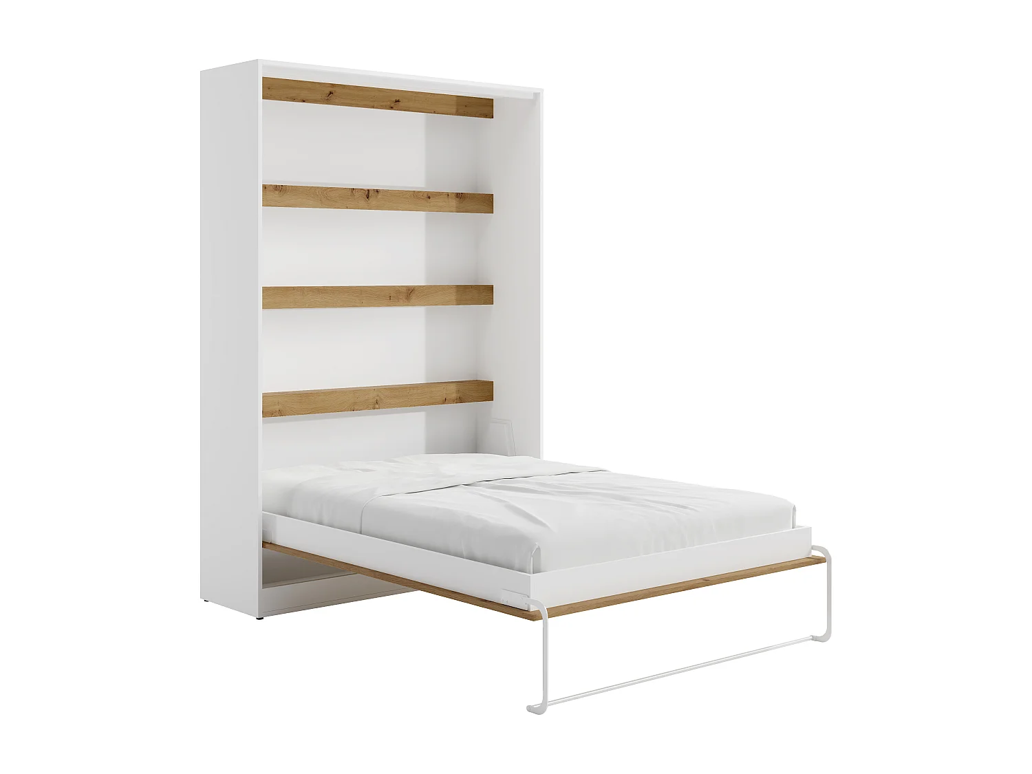 Lit escamotable 140 x 200 cm - Ouverture verticale manuelle - Avec LEDs - Blanc et naturel + Matelas - RAPILI