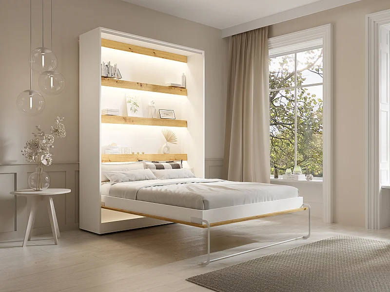 Lit escamotable 140 x 200 cm - Ouverture verticale manuelle - Avec LEDs - Blanc et naturel + Matelas - RAPILI