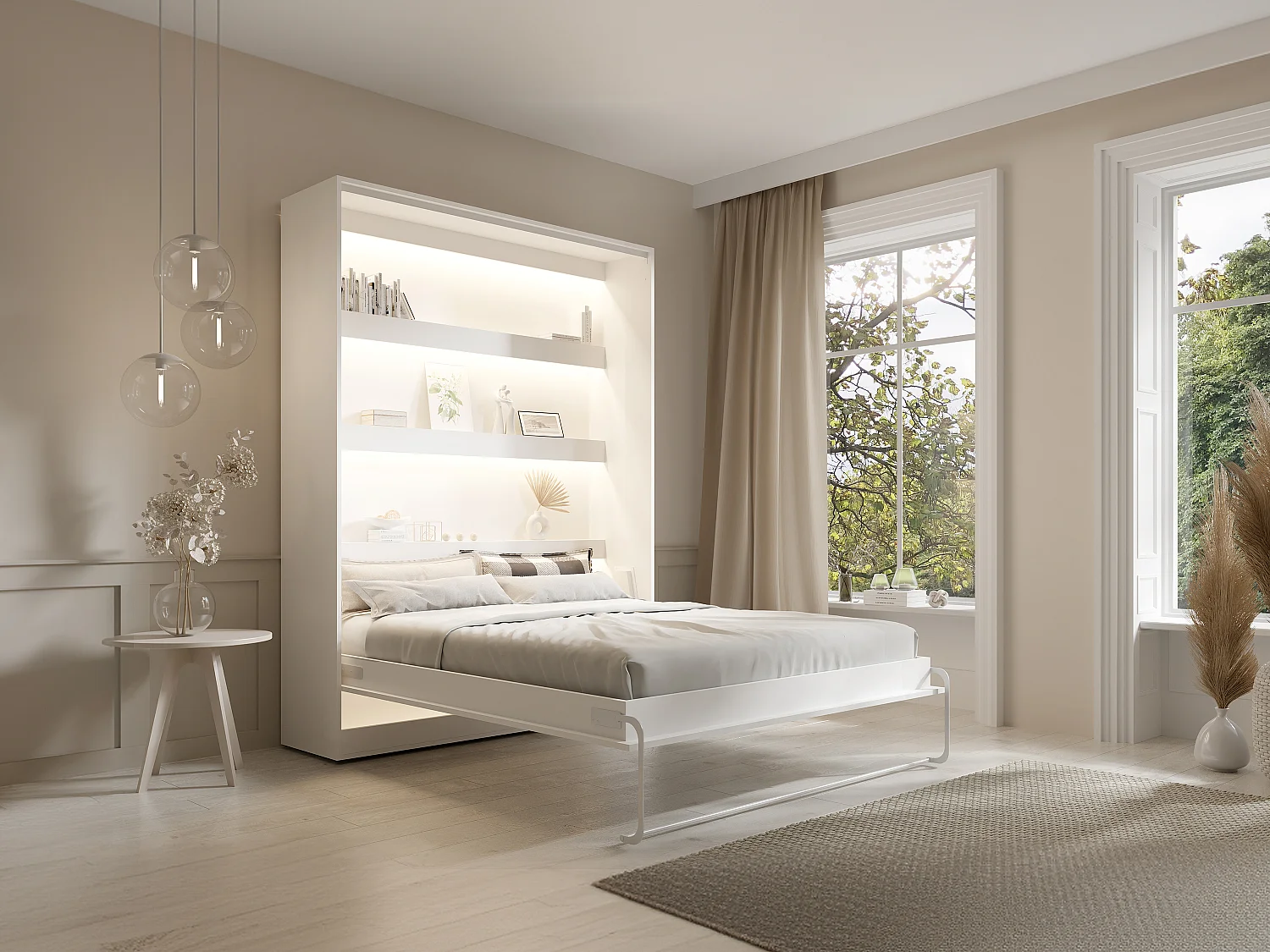 Lit escamotable 160 x 200 cm - Ouverture verticale manuelle - Avec LEDs - Blanc + Matelas - RAPILI