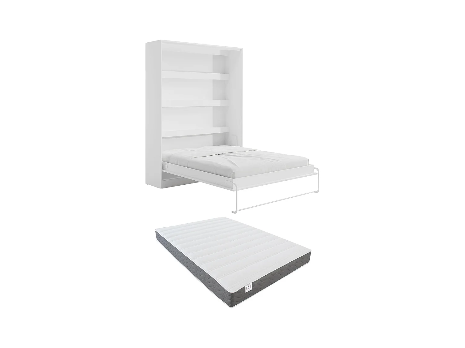Lit escamotable 160 x 200 cm - Ouverture verticale manuelle - Avec LEDs - Blanc + Matelas - RAPILI
