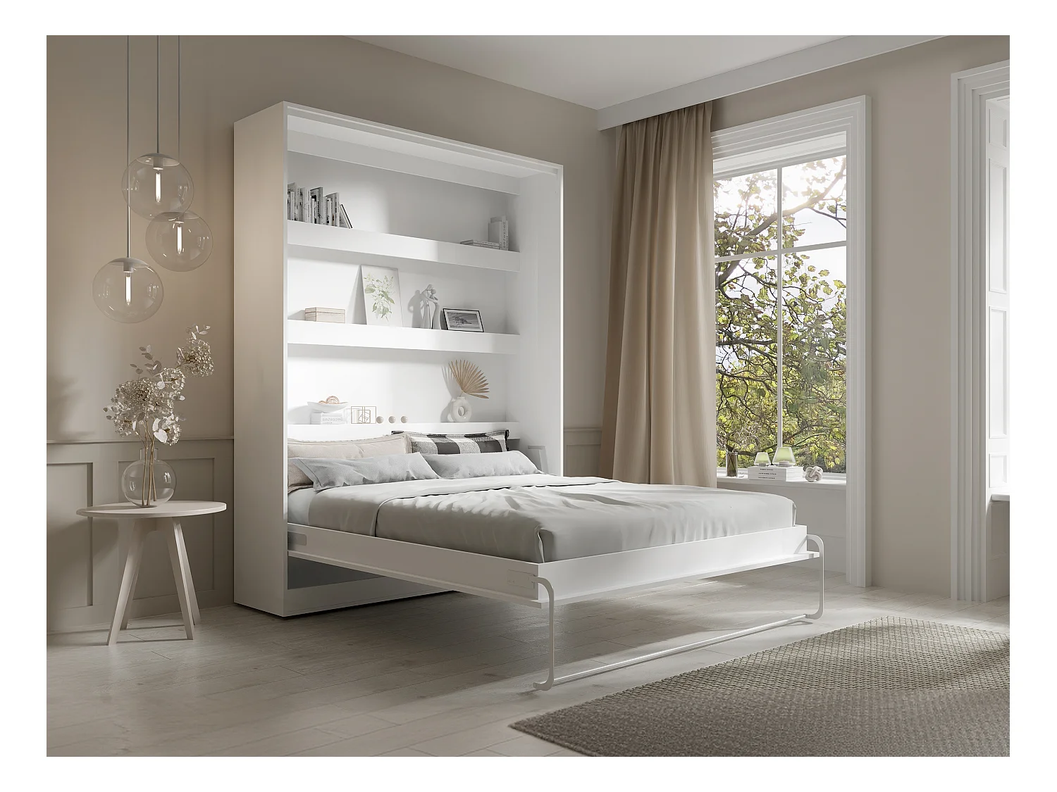 Lit escamotable 160 x 200 cm - Ouverture verticale manuelle - Avec LEDs - Blanc + Matelas - RAPILI