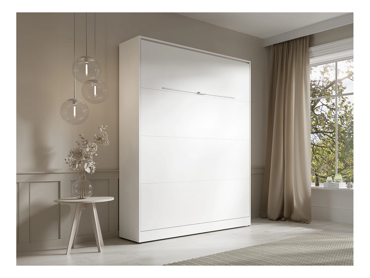 Lit escamotable 160 x 200 cm - Ouverture verticale manuelle - Avec LEDs - Blanc + Matelas - RAPILI