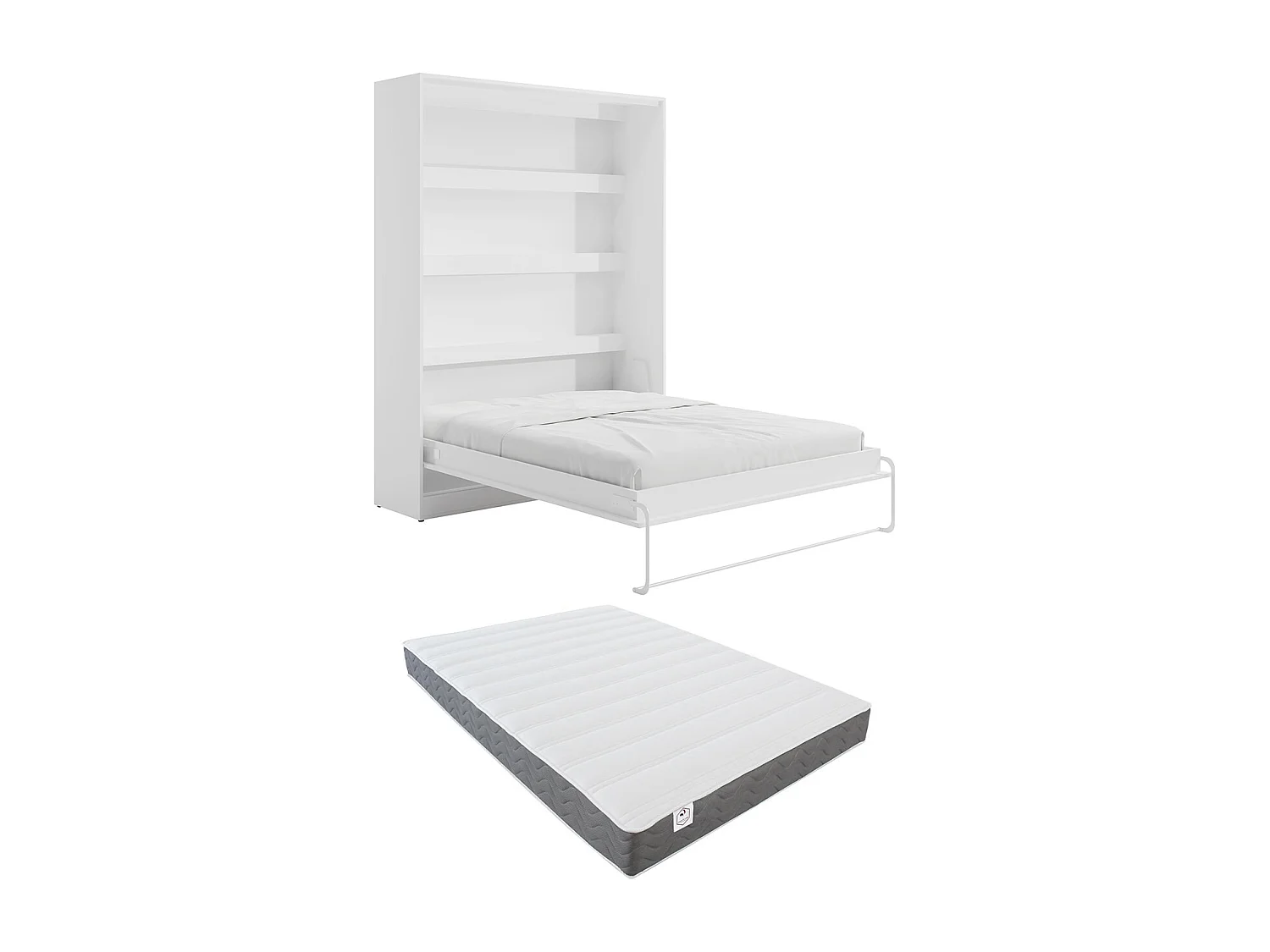 Lit escamotable 160 x 200 cm - Ouverture verticale manuelle - Avec LEDs - Blanc + Matelas - RAPILI