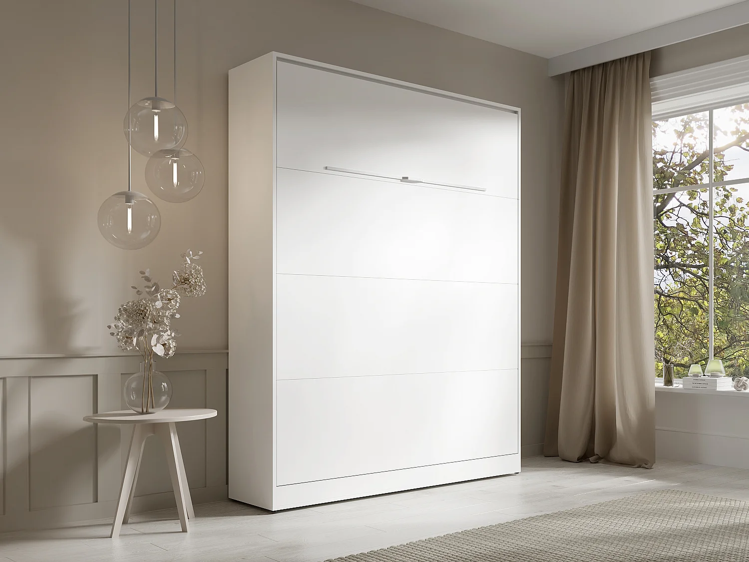 Lit escamotable 160 x 200 cm - Ouverture verticale manuelle - Avec LEDs - Blanc + Matelas - RAPILI