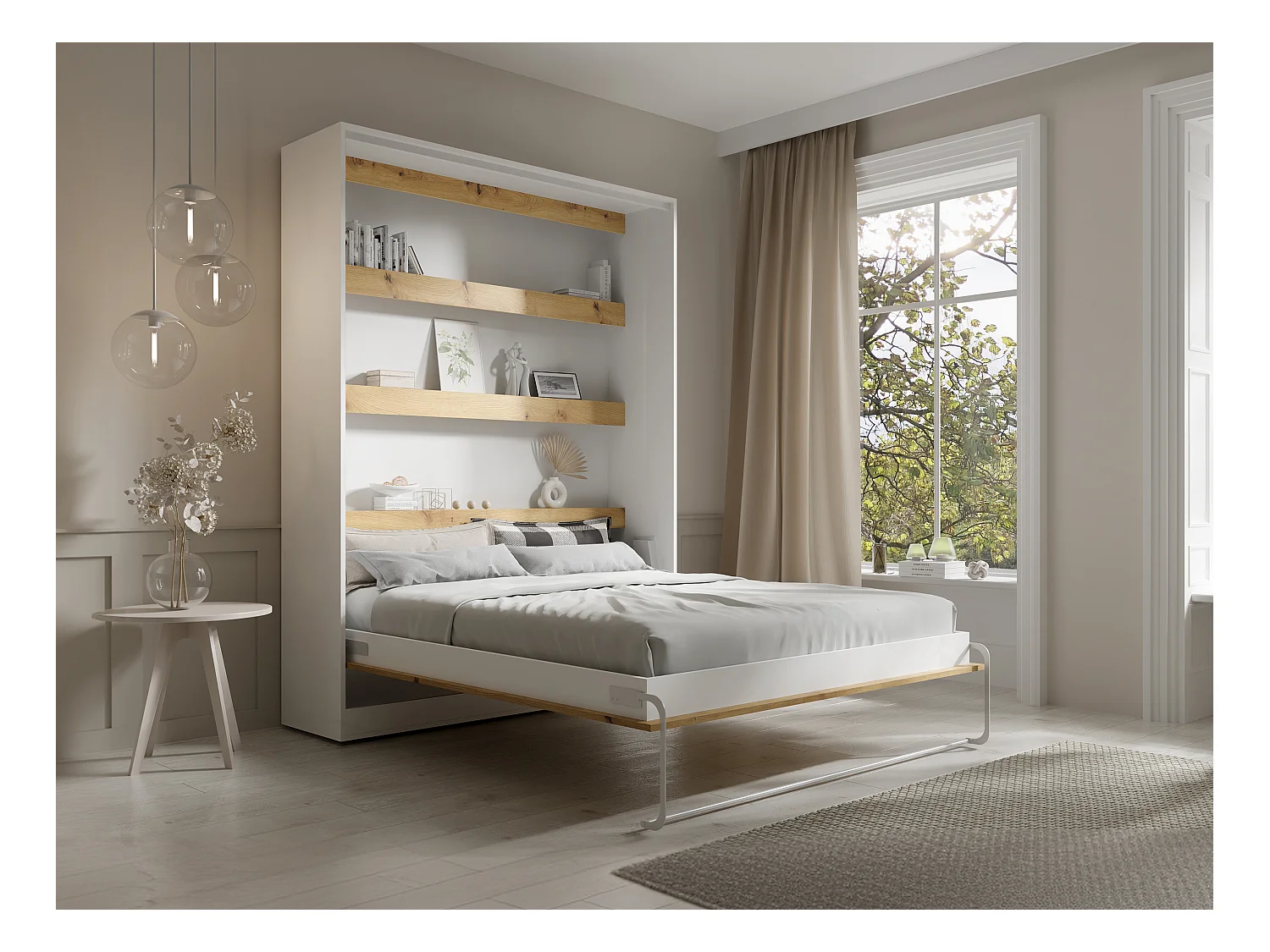 Schrankbett + Matratze - 160 x 200 cm - Manuelle vertikale Öffnung - Mit LED-Beleuchtung - Weiß & Holzfarben - RAPILI