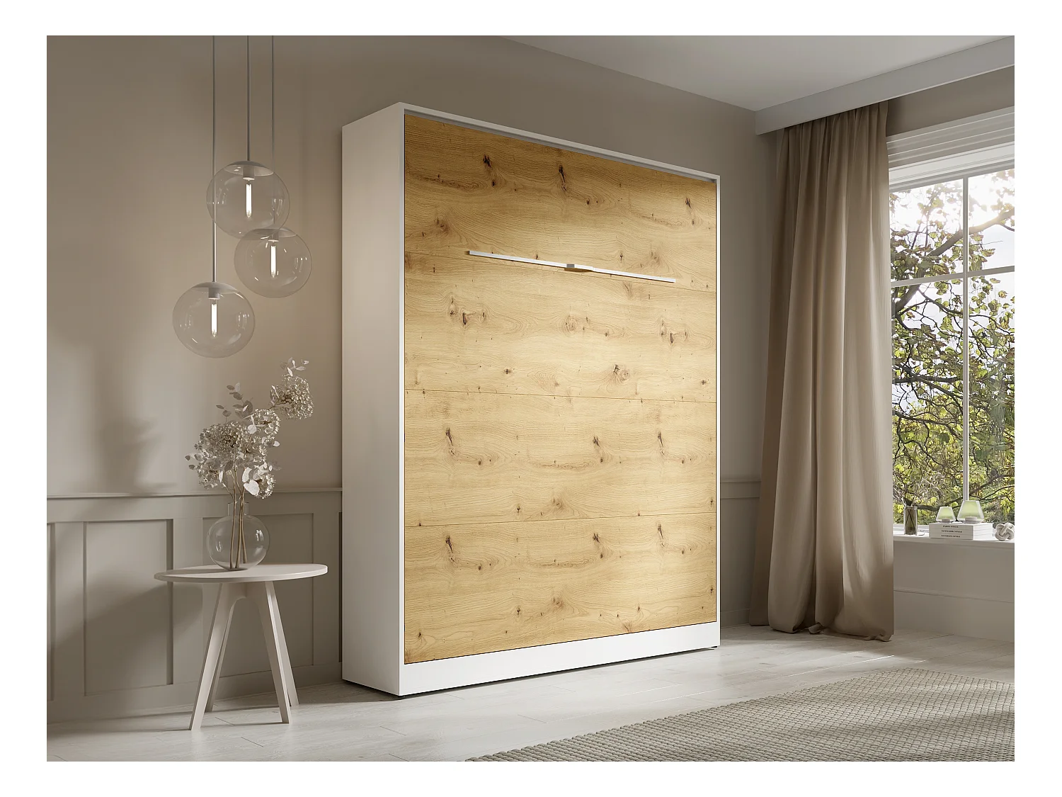 Schrankbett + Matratze - 160 x 200 cm - Manuelle vertikale Öffnung - Mit LED-Beleuchtung - Weiß & Holzfarben - RAPILI