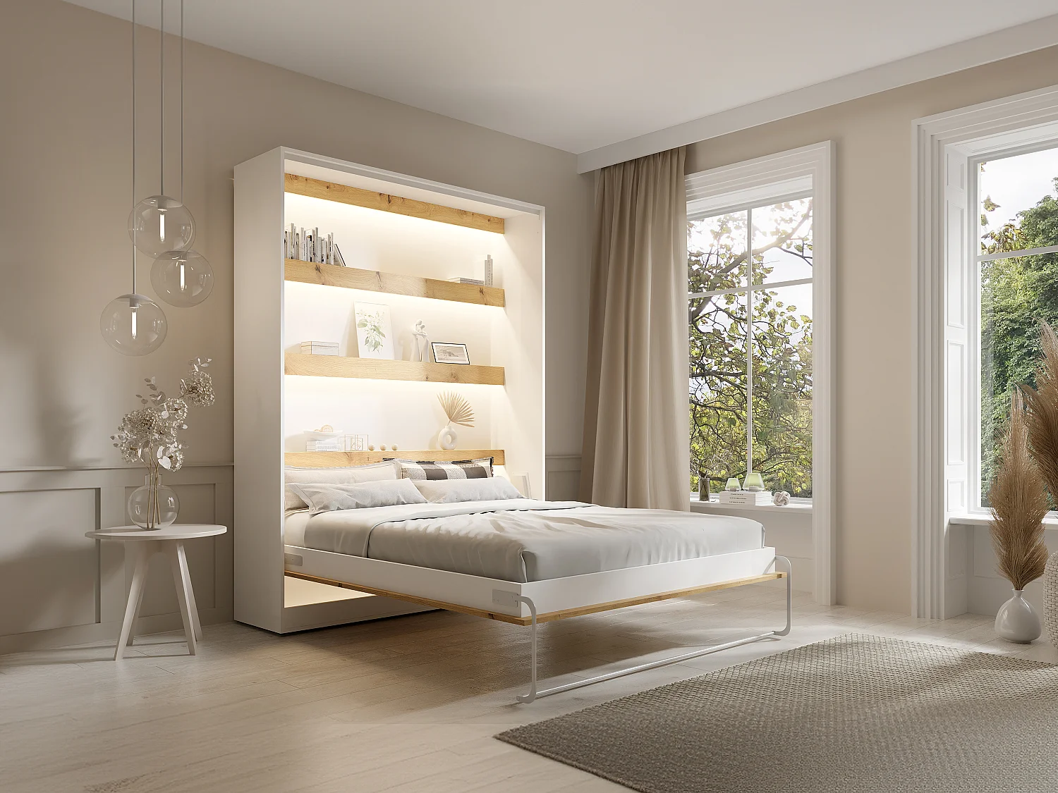 Opklapbaar bed 160 x 200 cm - Verticale handmatige opening - Met ledverlichting - Wit en naturel + matras - RAPILI