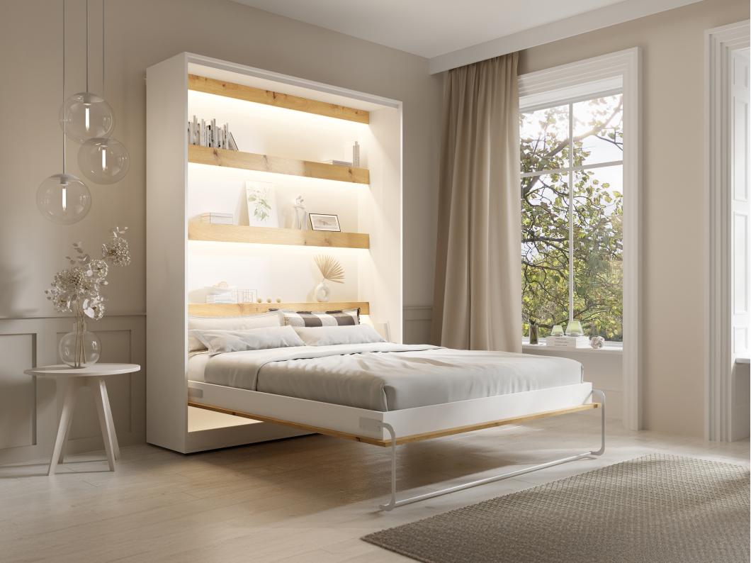 Lit escamotable 160 x 200 cm - Ouverture verticale manuelle - Avec LEDs - Blanc et naturel + Matelas - RAPILI