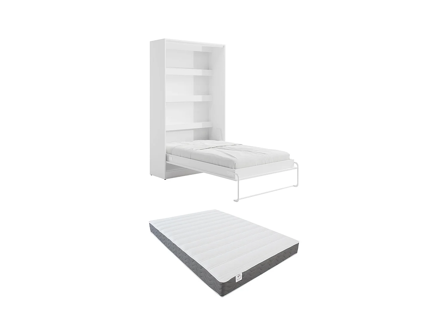 Lit escamotable 120 x 200 cm - Ouverture verticale manuelle - Avec LEDs - Blanc + Matelas - RAPILI