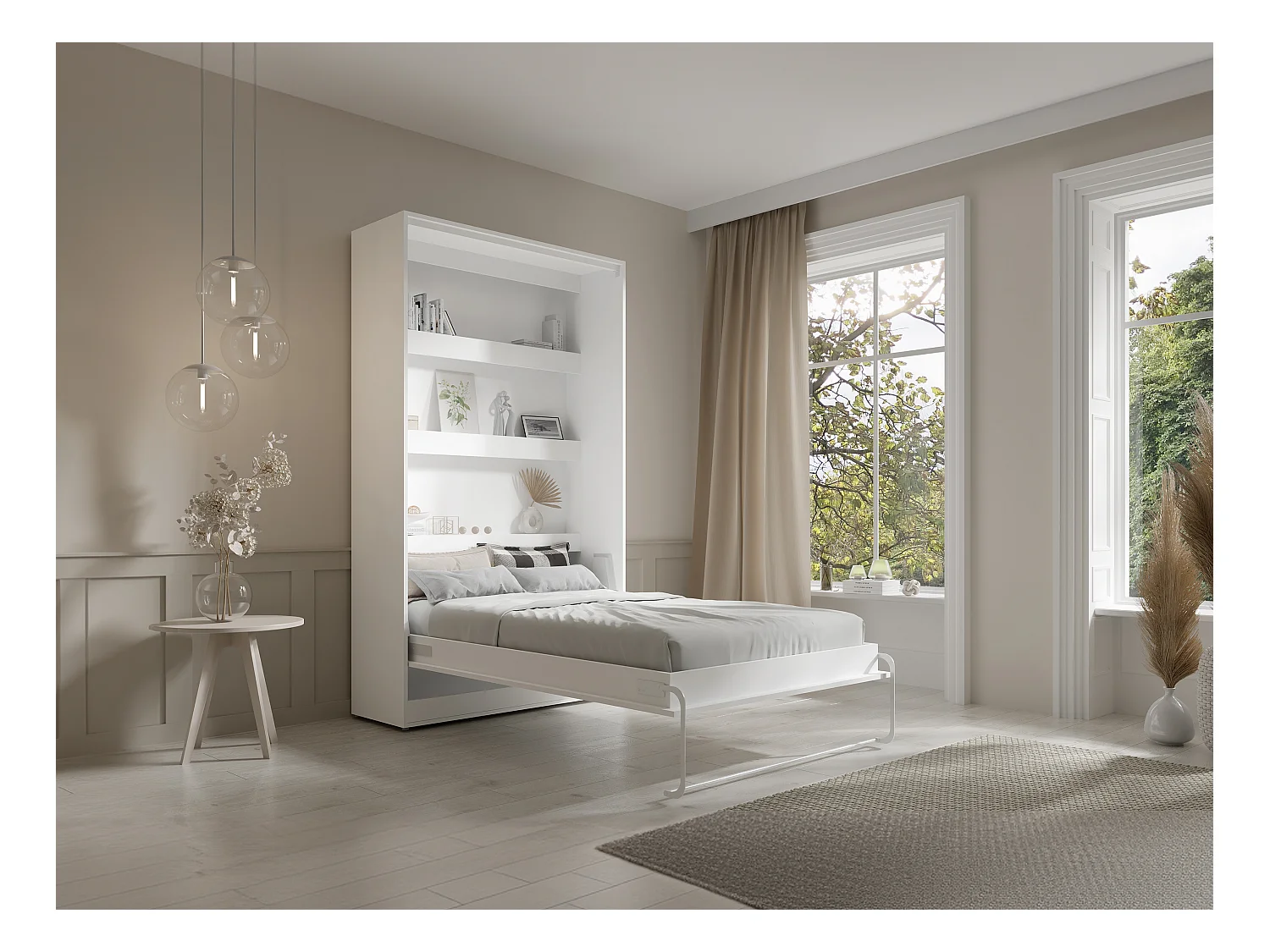 Lit escamotable 120 x 200 cm - Ouverture verticale manuelle - Avec LEDs - Blanc + Matelas - RAPILI