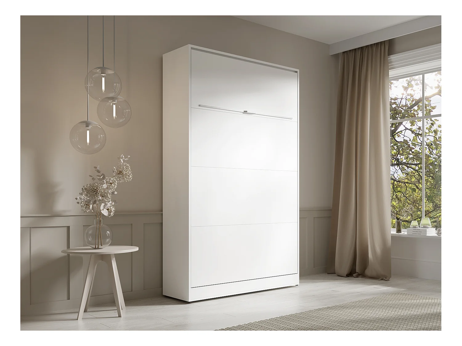 Lit escamotable 120 x 200 cm - Ouverture verticale manuelle - Avec LEDs - Blanc + Matelas - RAPILI