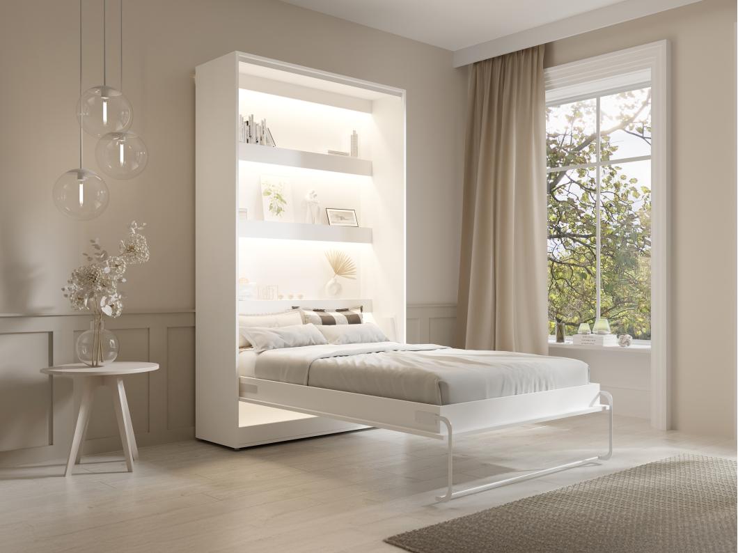 Lit escamotable 120 x 200 cm - Ouverture verticale manuelle - Avec LEDs - Blanc + Matelas - RAPILI