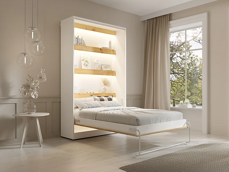 Opklapbaar bed 120 x 200 cm - Handmatige verticale opening - Met ledverlichting - Wit en naturel + matras - RAPILI