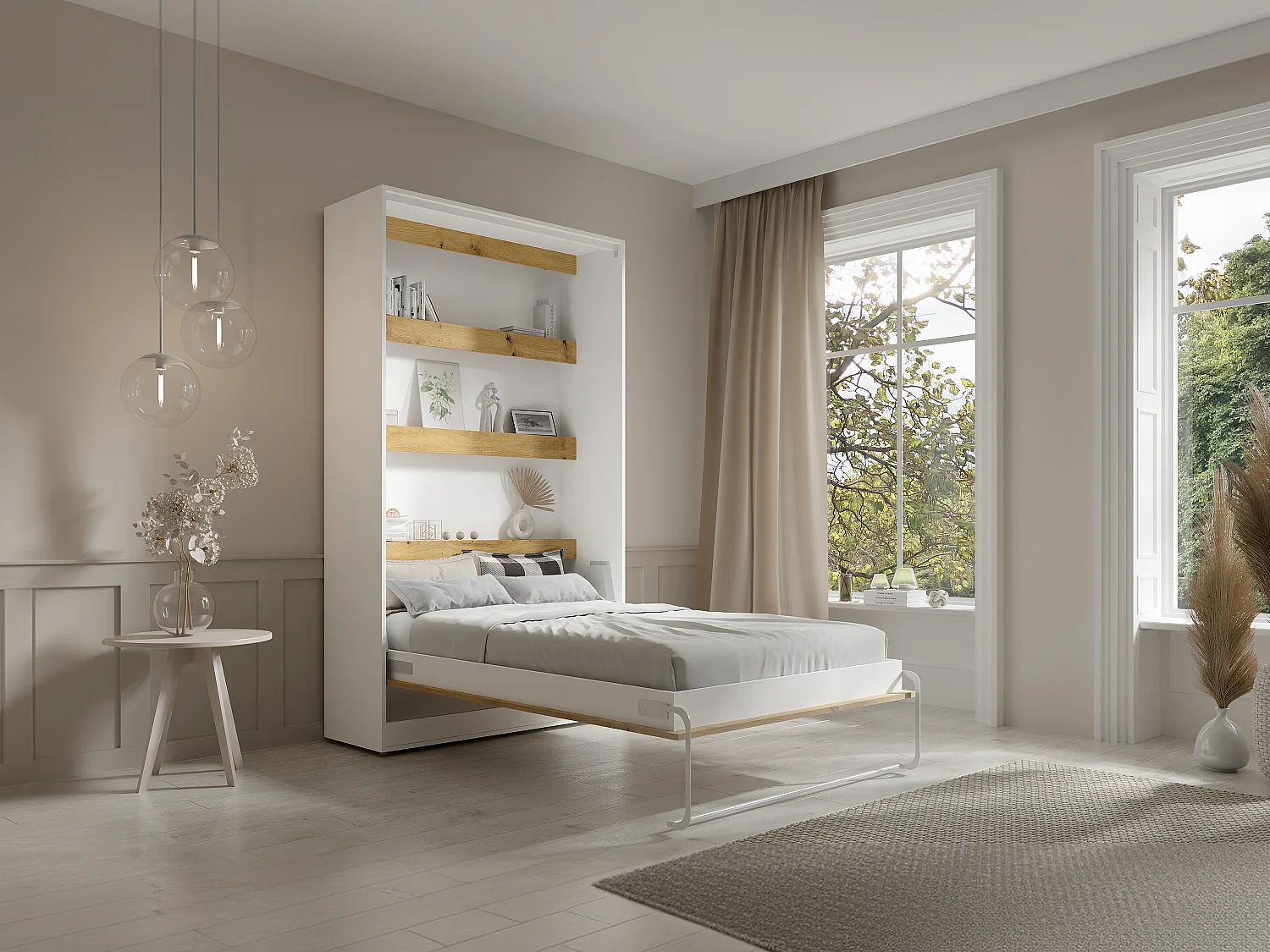 Nedfällbar säng 120 x 200 cm - Manuell vertikal öppning - Med LED-belysning - Vit och naturträ + Madrass - RAPILI