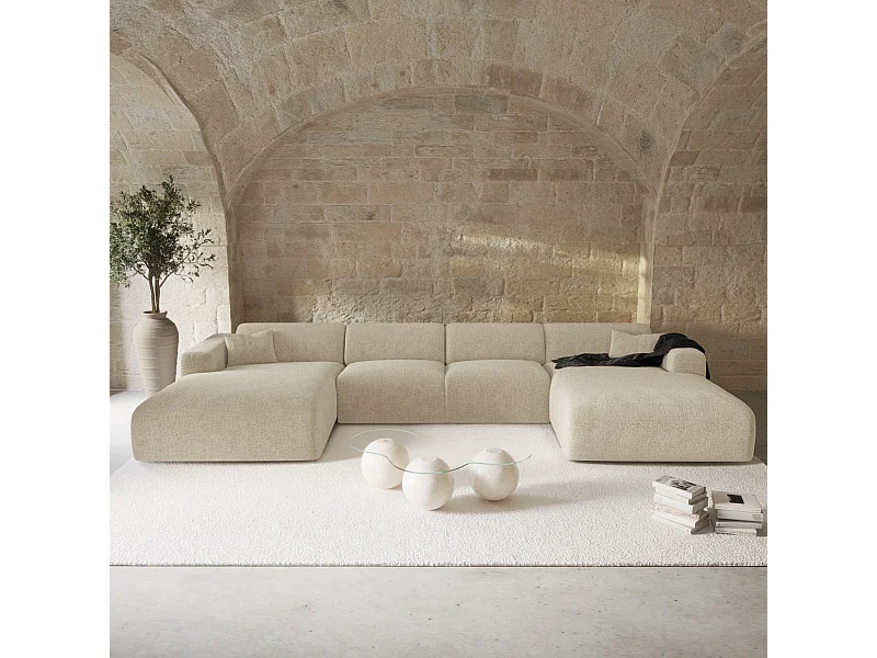 Canapé panoramique 7 places symétrique tissu velours à motifs beige  MYRA