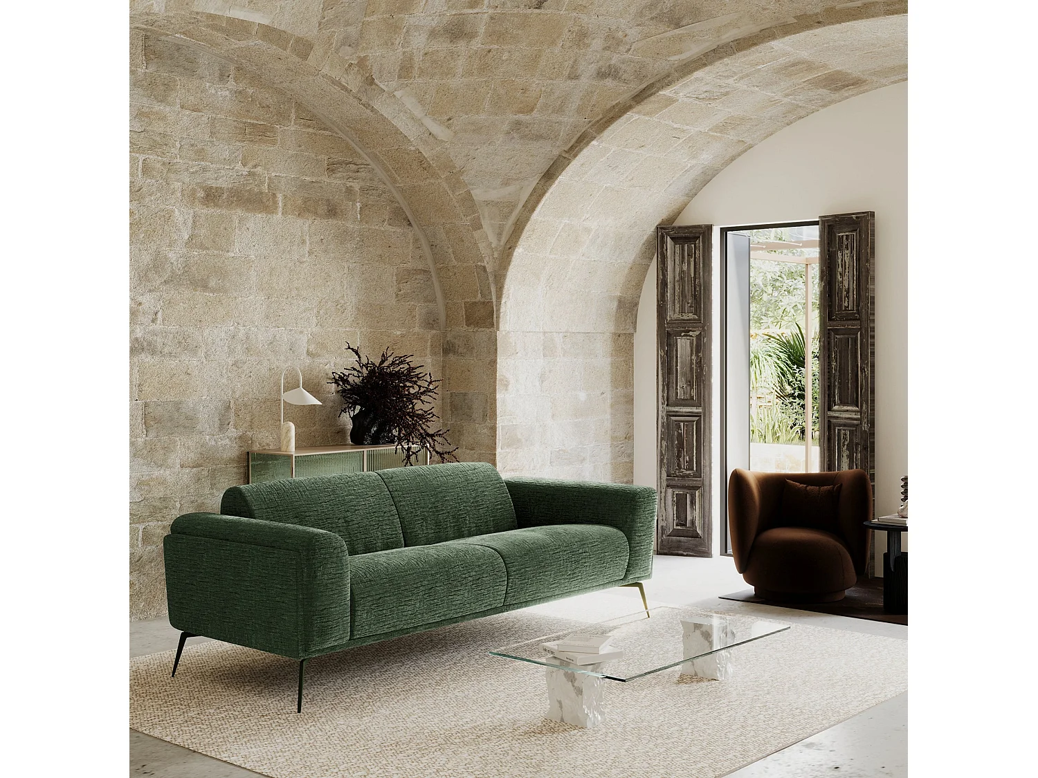 Canapé 3 places velours à motifs vert émeraude 220cm SWANN