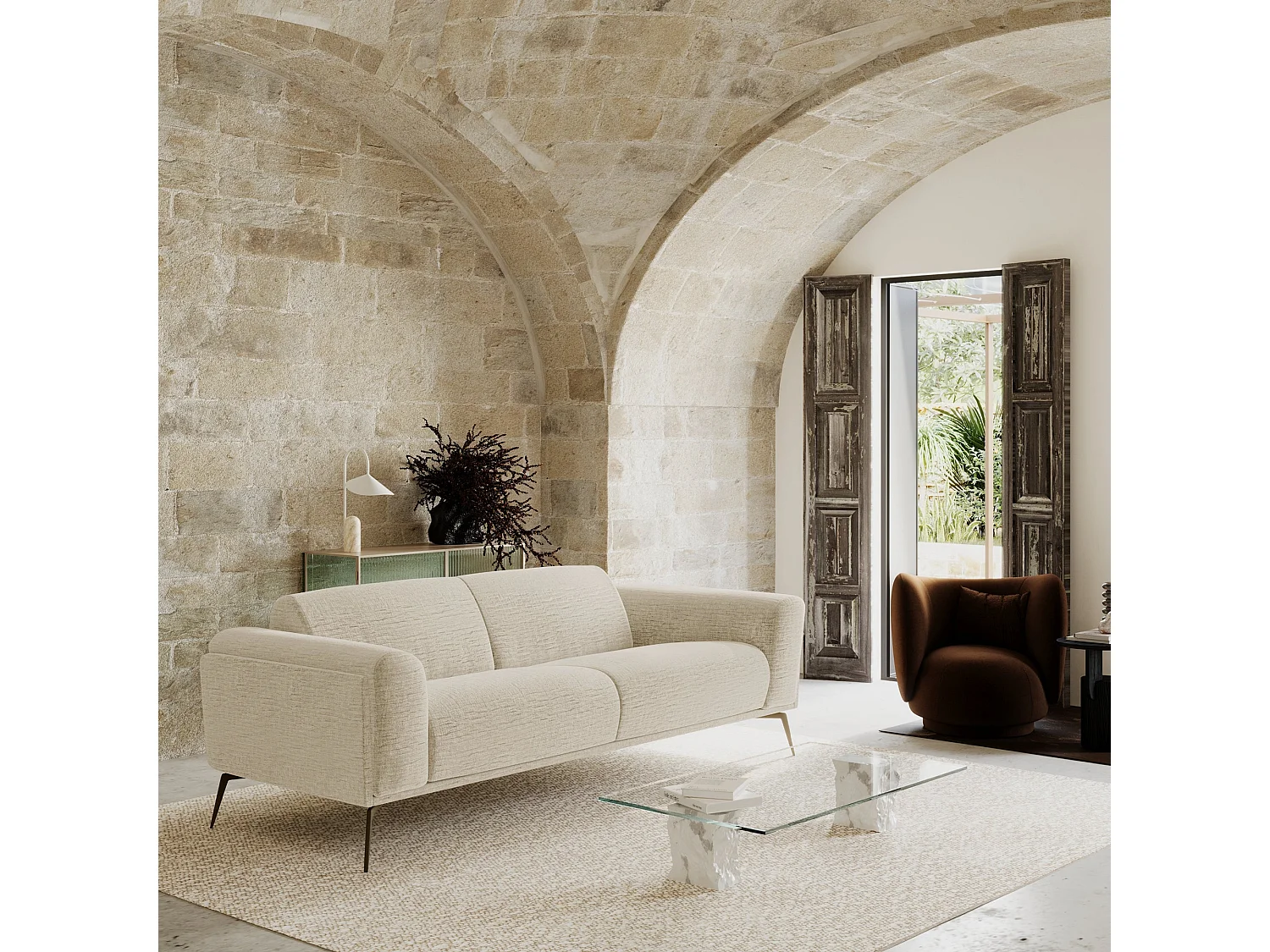 Canapé 3 places velours à motifs crème 220cm SWANN