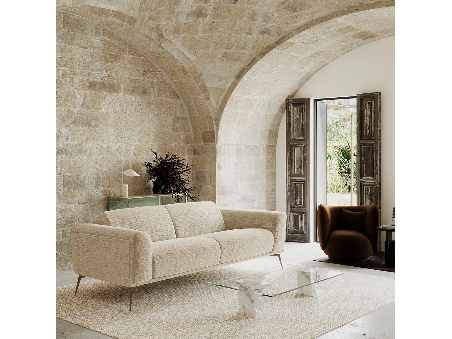 Canapé 3 places velours à motifs beige 220cm SWANN