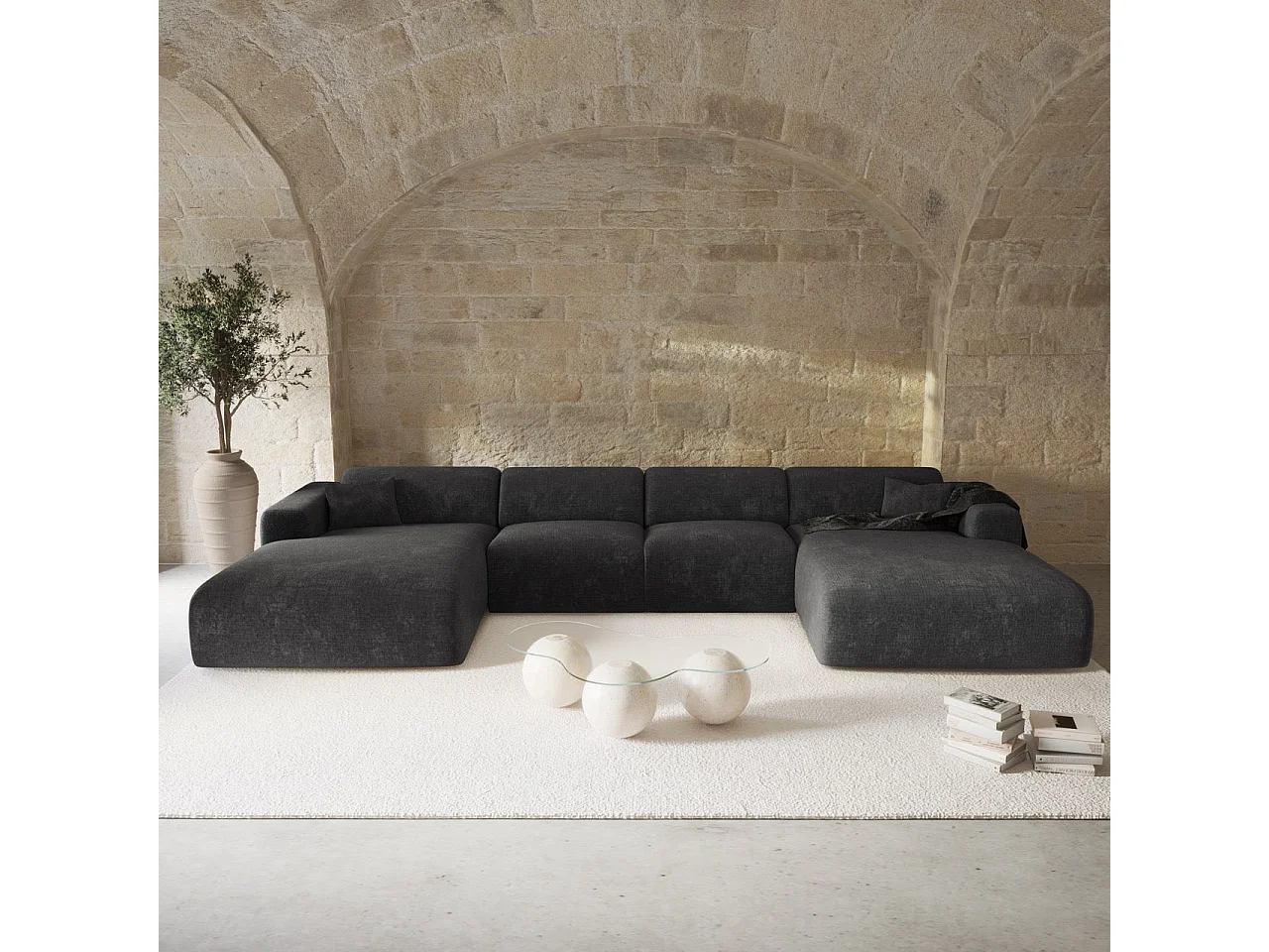 Canapé panoramique 7 places MYRA en velours texturé anthracite foncé