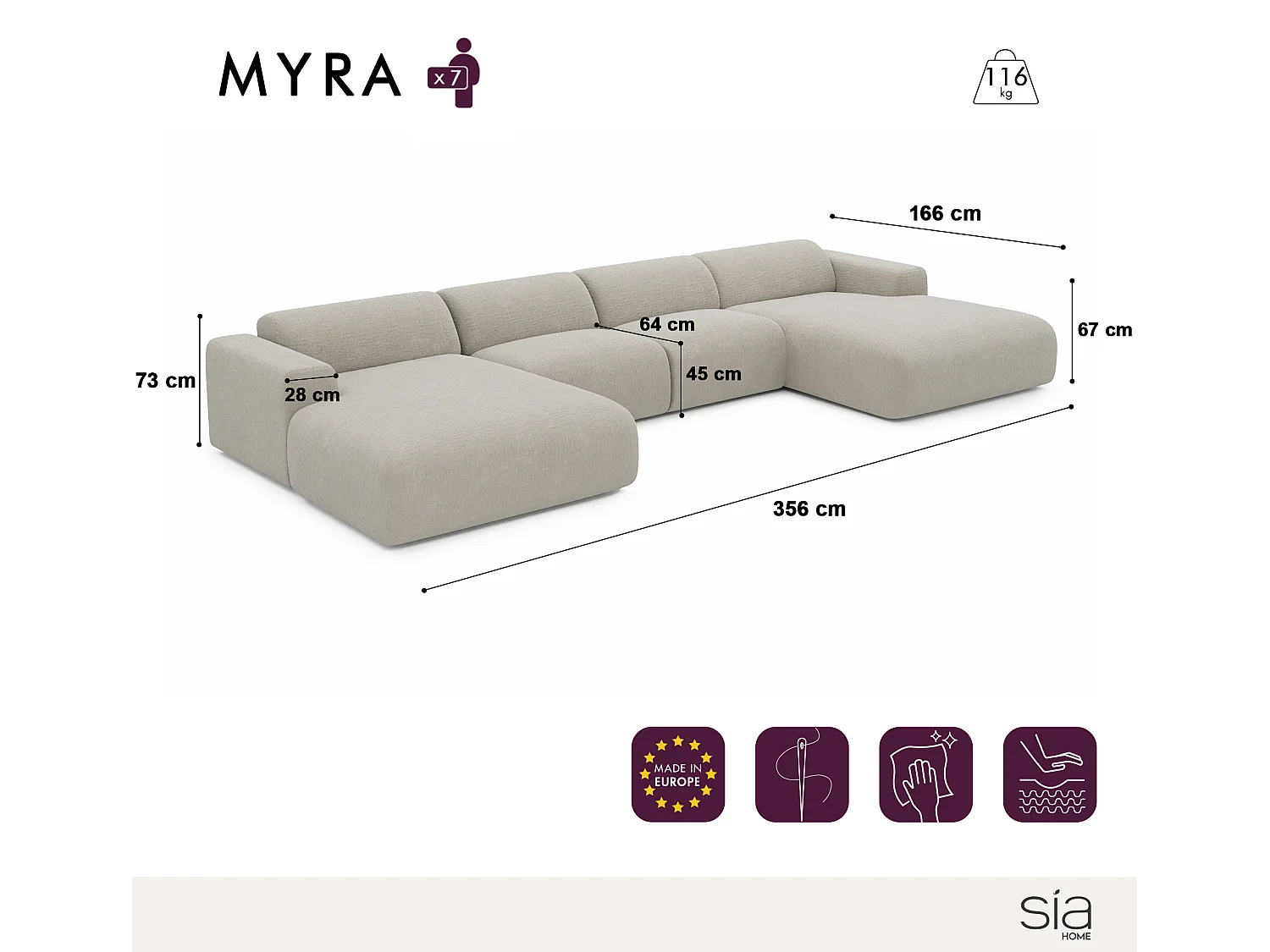 Canapé panoramique 7 places symétrique velours à motifs anthracite  MYRA