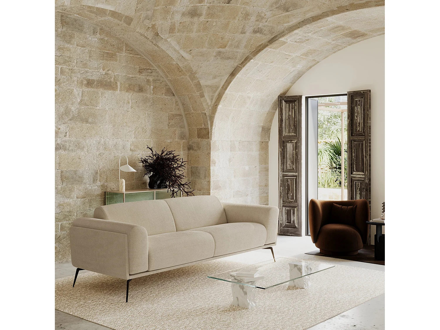 Canapé 3 places tissu tramé beige 220cm SWANN