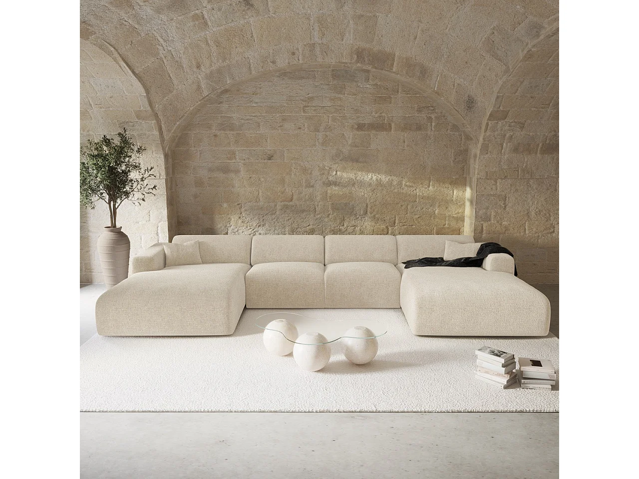 Canapé panoramique 7 places MYRA en velours texturé crème