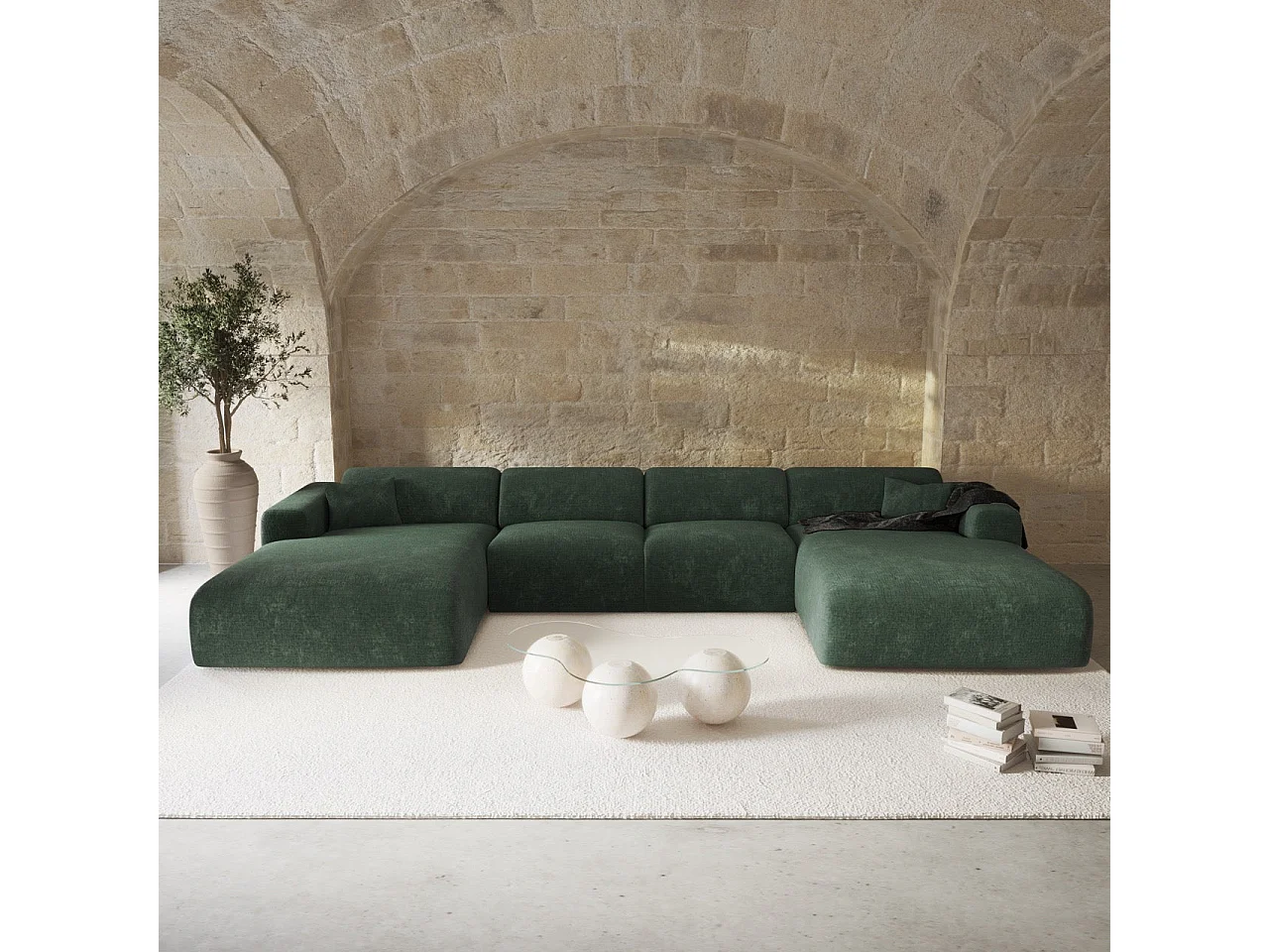 Canapé panoramique 7 places symétrique tissu velours à motifs olive  MYRA