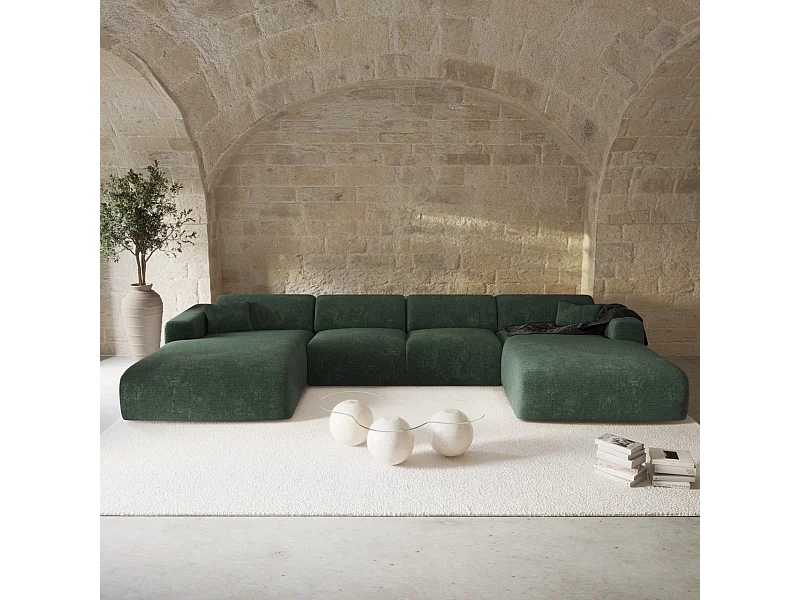 Canapé panoramique 7 places symétrique tissu velours à motifs olive  MYRA