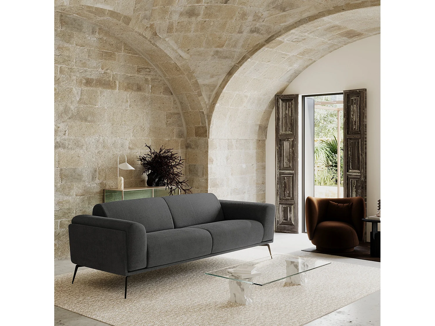 Canapé 3 places tissu tramé gris anthracite 220cm SWANN