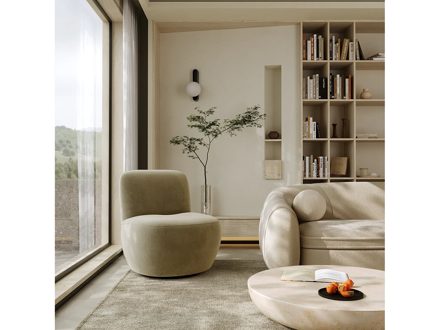 Fauteuil de salon pivotant en tissu velours beige JENA