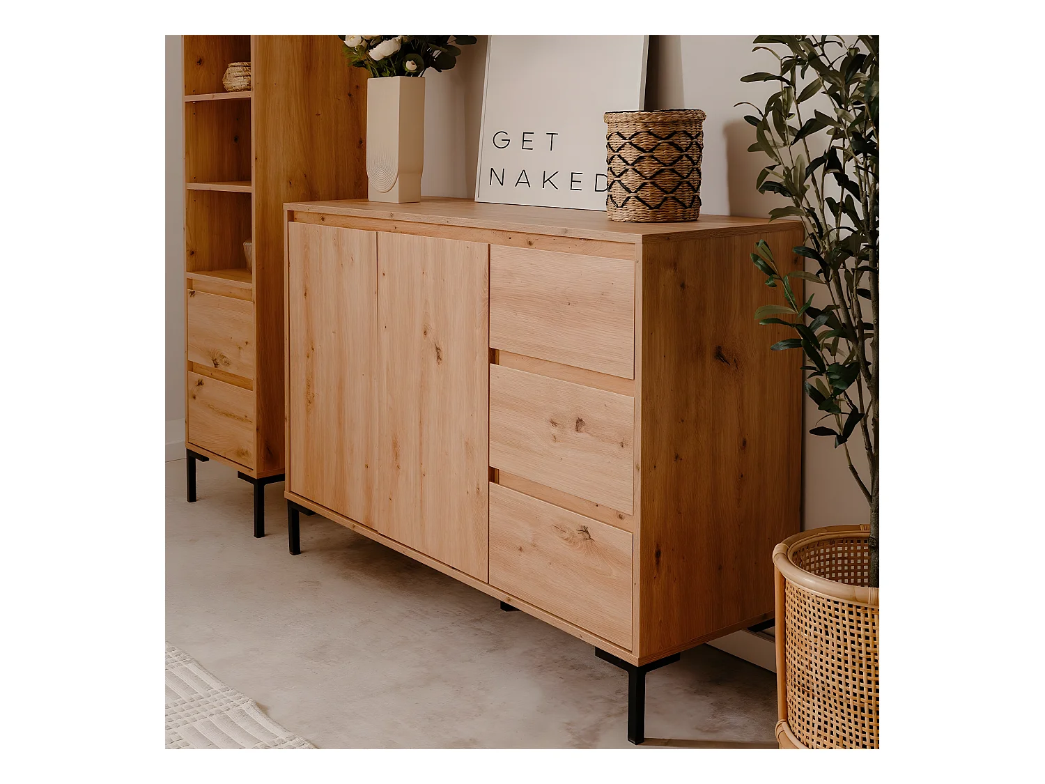 Credenza a 2 ante con 3 cassetti e 1 ripiano L120 cm - Plock
