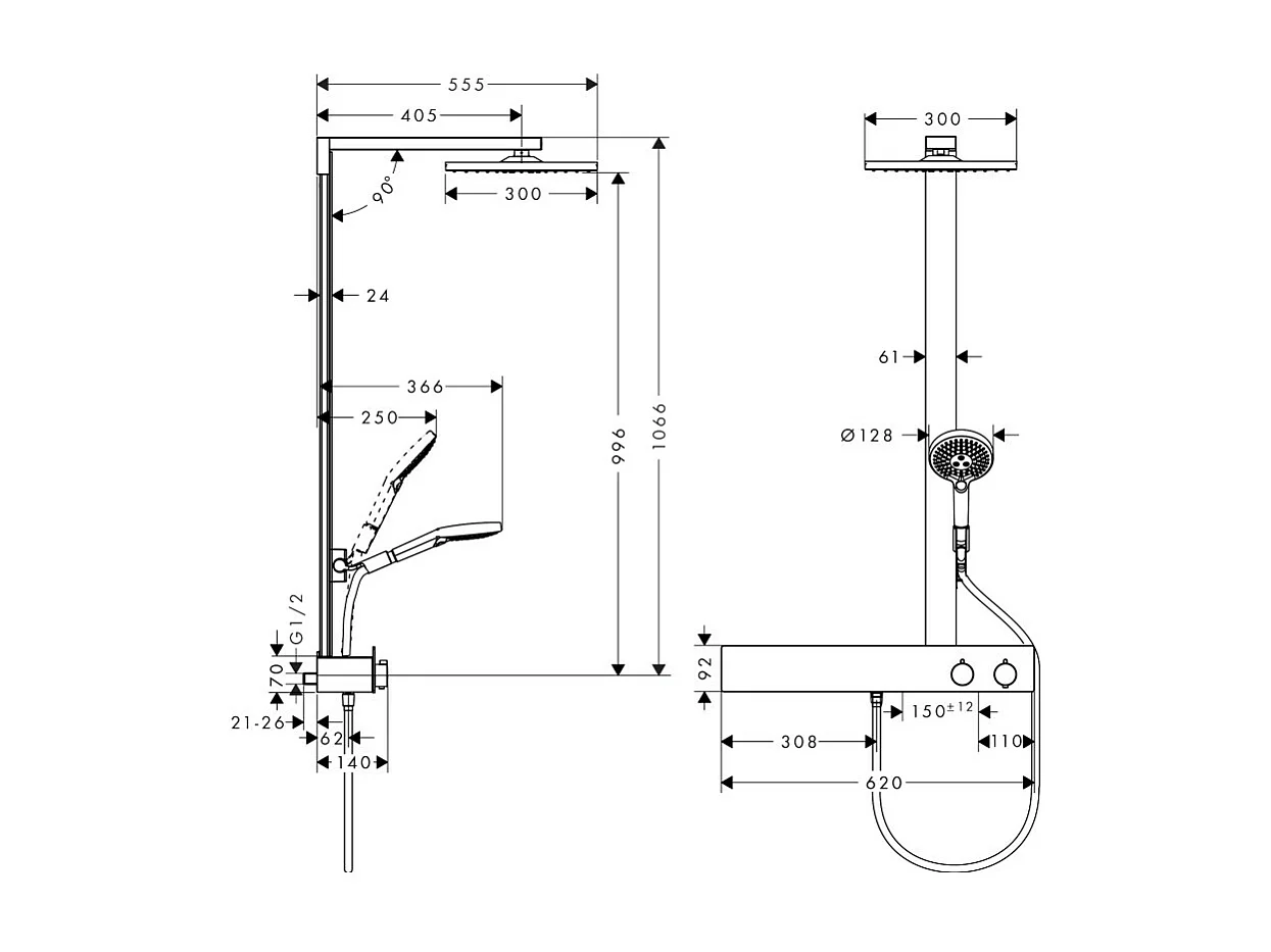 Colonne de douche thermostatique HANSGROHE Raindance E 300 avec mitigeur 60 cm chromée + nettoyant Briochin