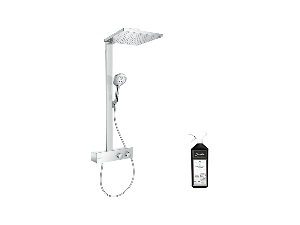 Colonne de douche thermostatique HANSGROHE Raindance E 300 avec mitigeur 35 cm chromée + nettoyant Briochin