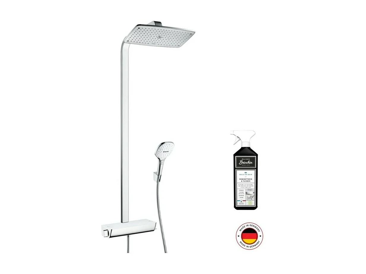 Colonne de douche thermostatique HANSGROHE Raindance E 360 blanc et chromée + nettoyant Briochin