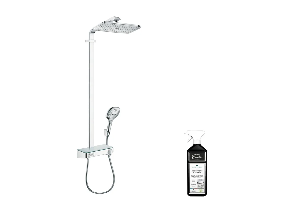 Colonne de douche thermostatique HANSGROHE Raindance E 360 avec mitigeur 30 cm blanc et chromée + nettoyant Briochin