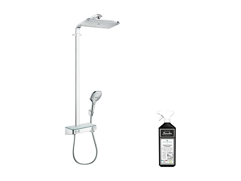 Colonne de douche thermostatique HANSGROHE Raindance E 360 avec mitigeur 30 cm blanc et chromée + nettoyant Briochin