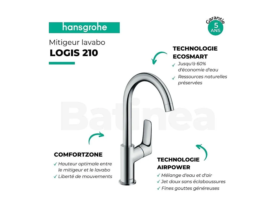 Mitigeur lavabo haut HANSGROHE Logis 210 sans tirette et sans vidage + nettoyant Briochin