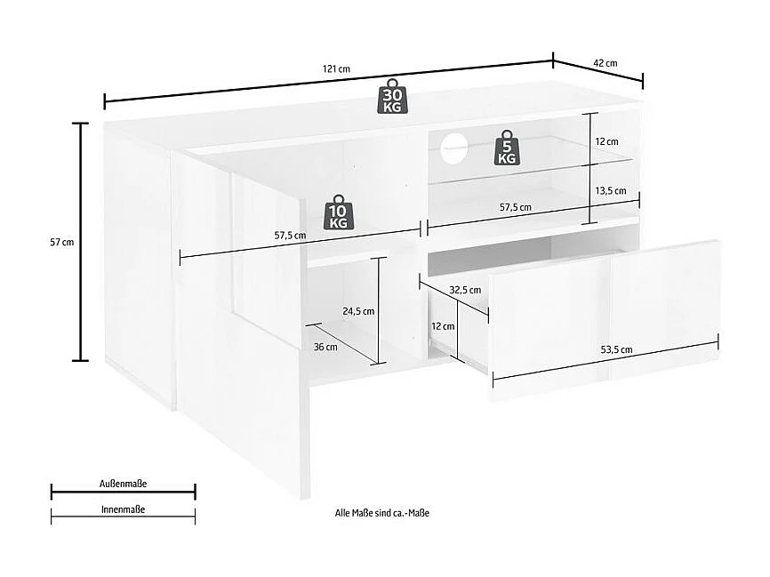 TV-Möbel klein 1 Tür und 1 Schublade L121 cm - Dama