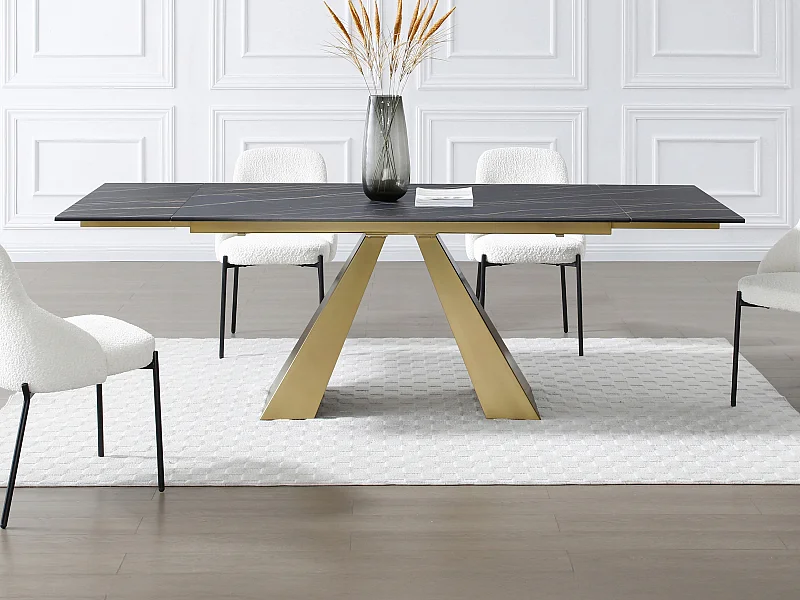 Mesa de comedor extensible 6 a 10 personas de cristal templado, cerámica y metal - Efecto mármol negro y dorado - LOZIPA de Maison Céphy