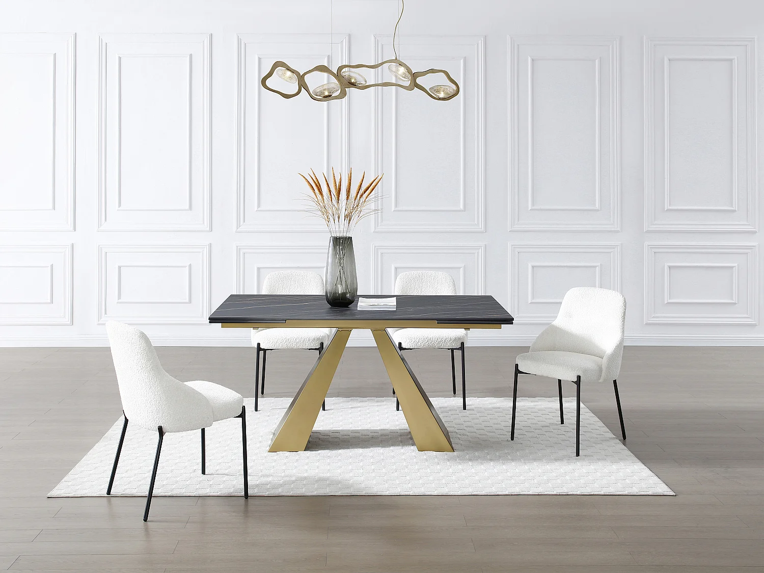 Table à manger extensible 6 à 10 personnes en verre trempé, céramique et métal - Effet marbre noir et doré - LOZIPA de Maison Céphy