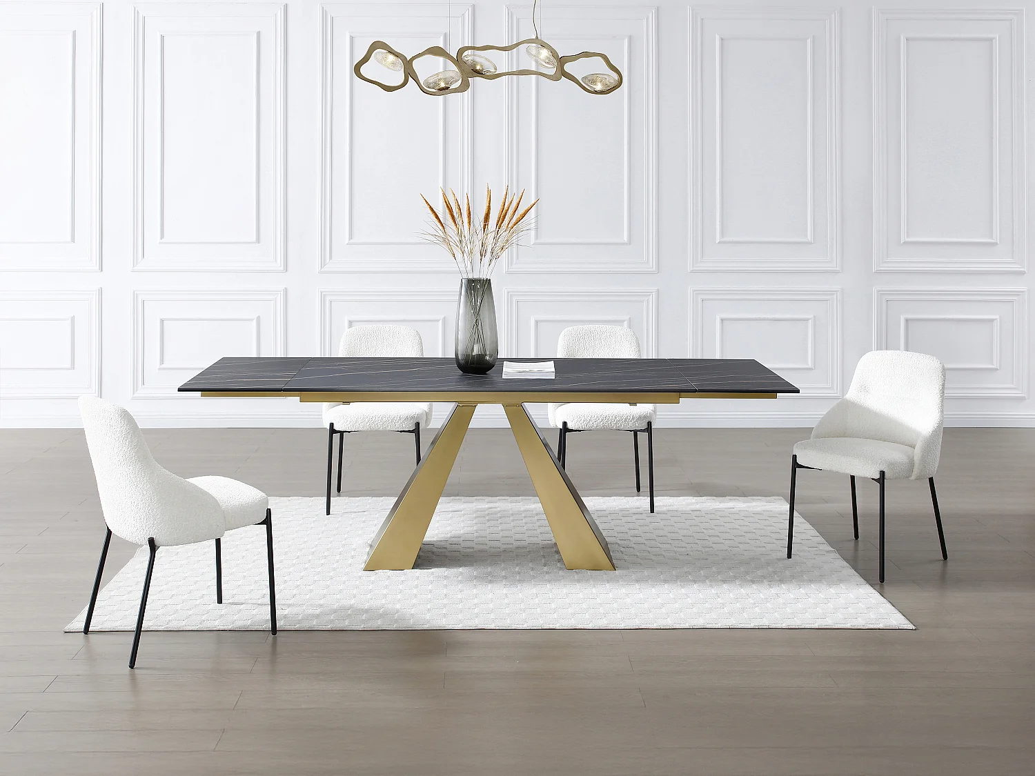 Esstisch ausziehbar - 6 bis 10 Personen - Sicherheitsglas, Keramik & Metall - Marmor-Optik Schwarz & Goldfarben - LOZIPA von Maison Céphy