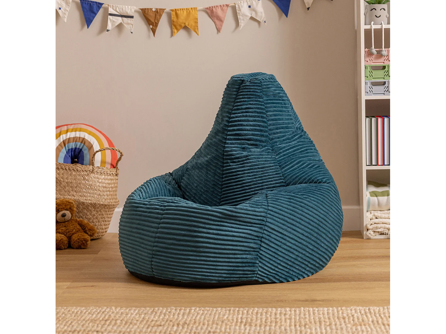 Pouf inclinable enfant velours côtelé bleu canard - DALTON