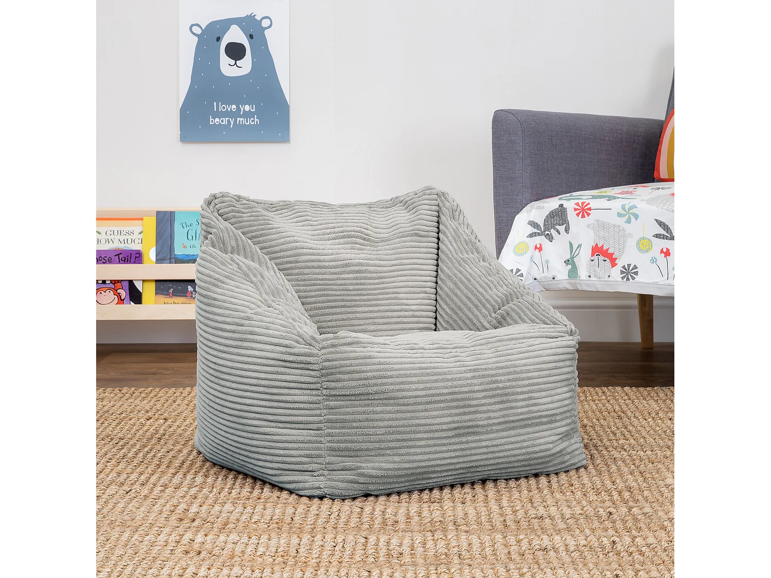 Pouf fauteuil enfant velours côtelé gris clair - MORGAN