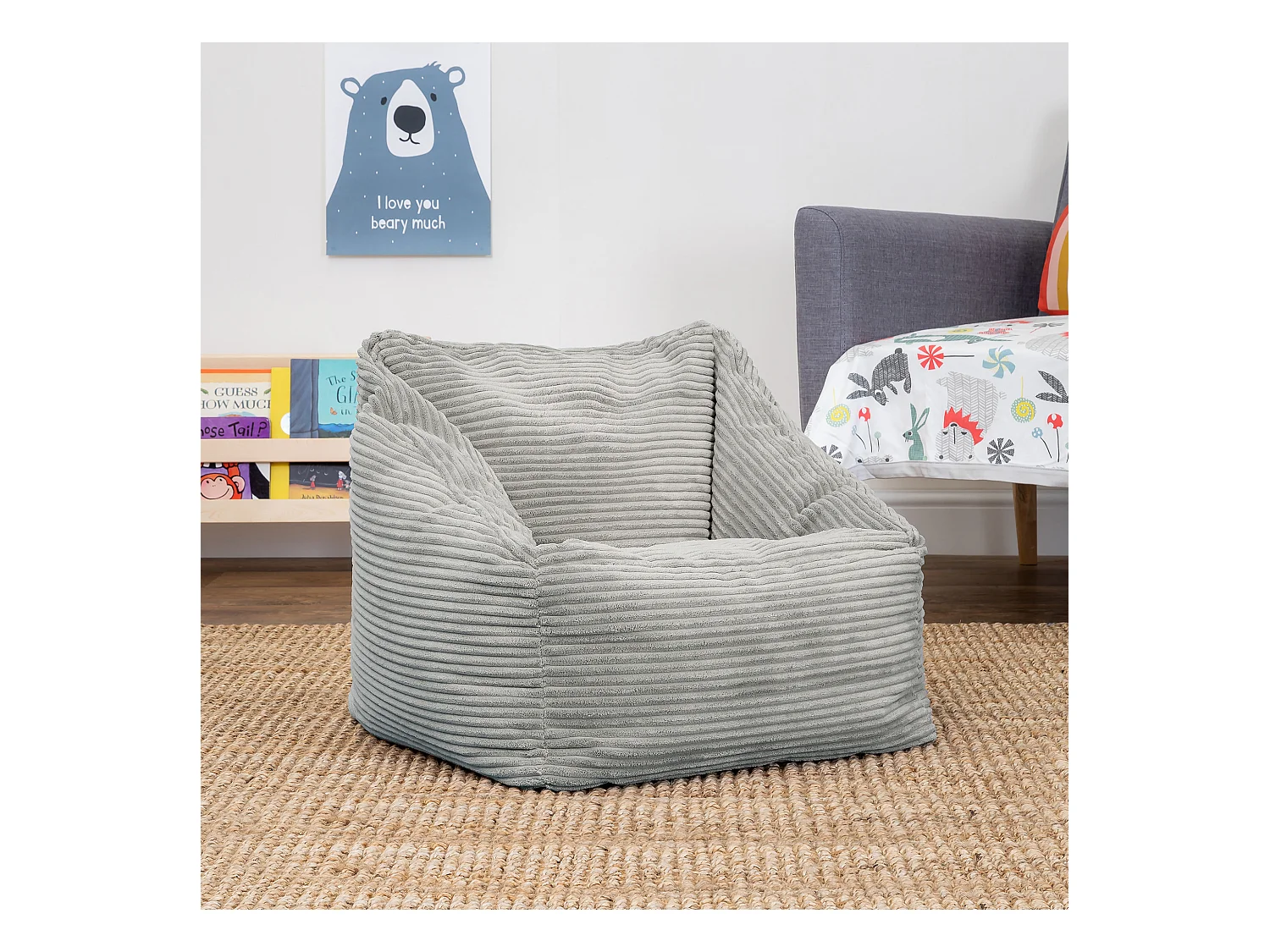 Pouf fauteuil enfant velours côtelé gris clair - MORGAN