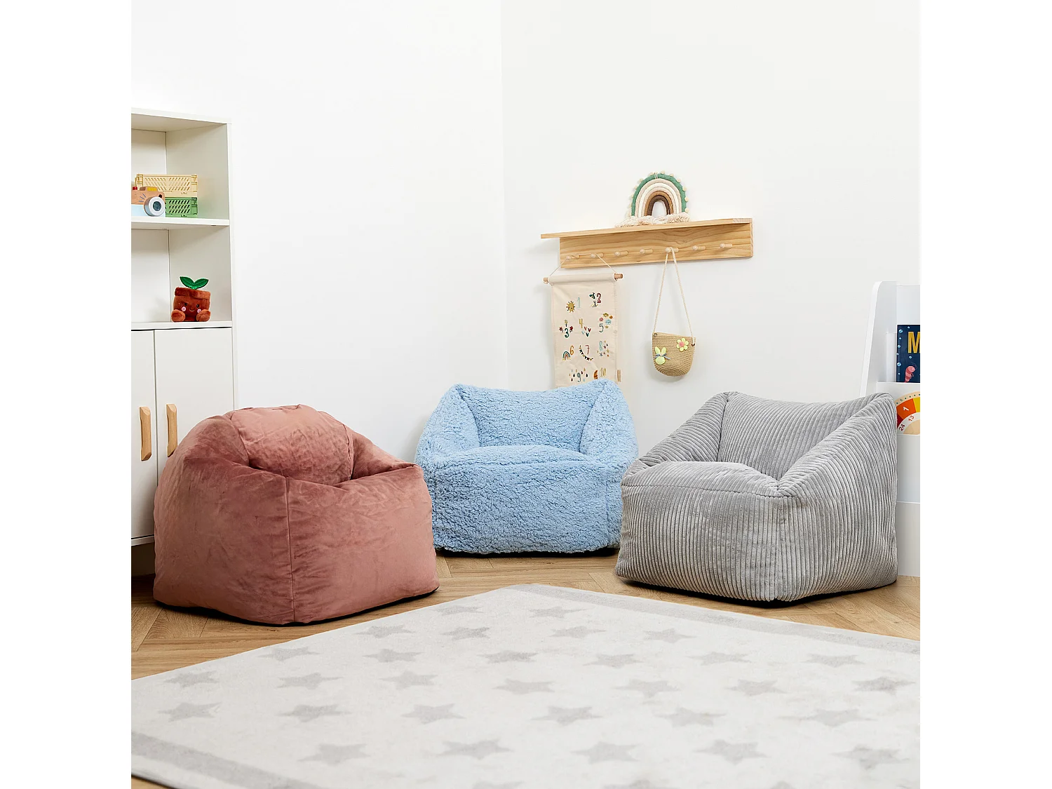 Pouf fauteuil enfant velours côtelé gris clair - MORGAN