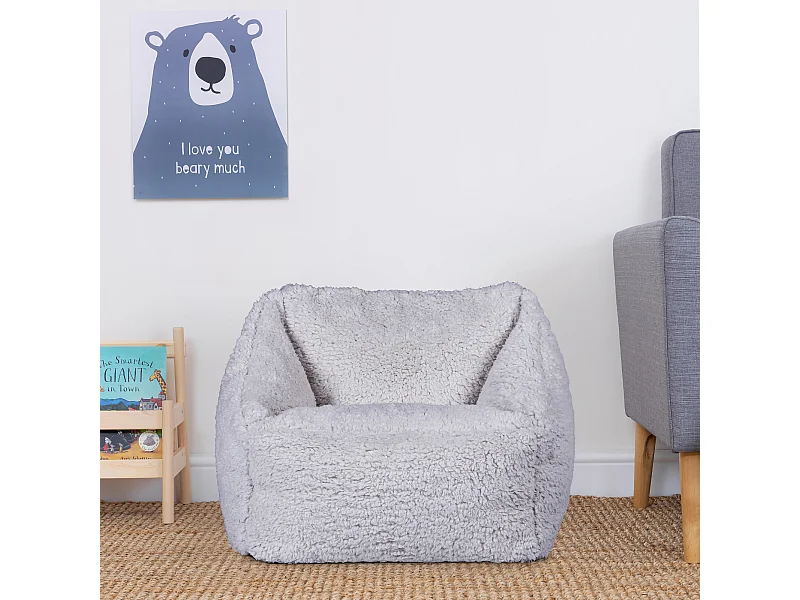 Pouf fauteuil enfant en polaire sherpa gris clair