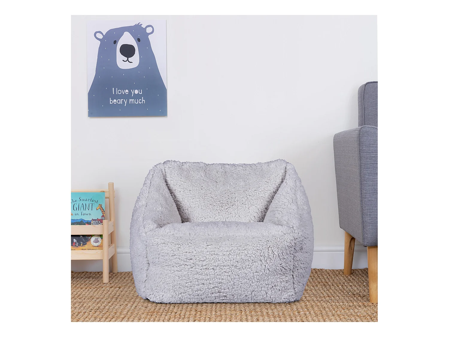 Pouf fauteuil enfant en polaire sherpa gris clair