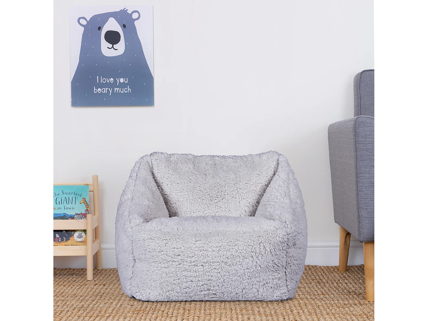 Pouf fauteuil enfant en polaire sherpa gris clair